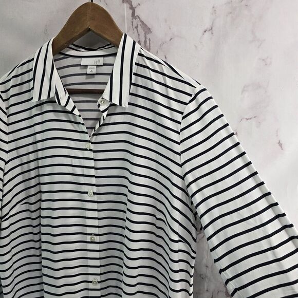 J Jill Shirt Women Medium Tall Navy White Striped Button Up Blouse Nautical - Picture 12 of 13